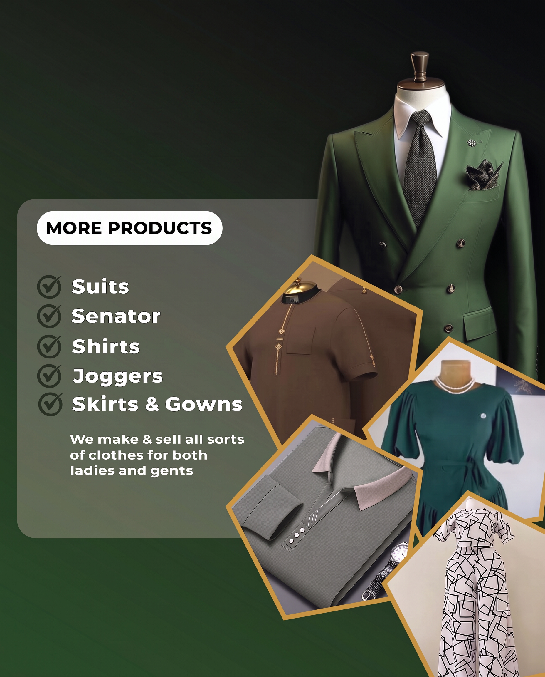 Angels Monde fashion services — Suits, Senator, Shirts, Joggers, Skirts & Gowns